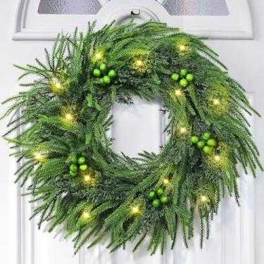Imagem de Decorações de guirlanda de Natal, guirlandas de pinheiro Norfolk de 61 cm para porta da frente, guirlanda grande de cedro de pinheiro de inverno com frutas verdes, decoração de Natal para janelas de
