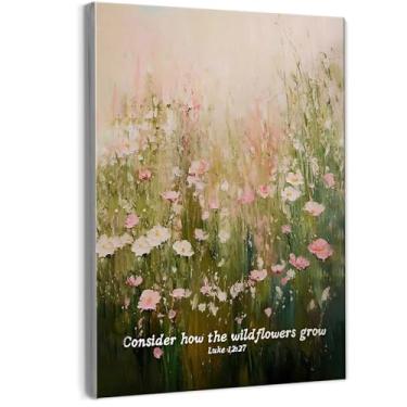 Imagem de Likjad Arte de parede cristã de flores silvestres, versículo bíblico religioso rosa e verde, pintura de pôster de escritura, decoração de parede para casa, igreja, sala de oração, decoração de quarto
