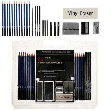 Imagem de Conjunto de 26 peças de lápis de esboço e desenho, lápis de esboço de profissão, portátil, conjunto de arte de esboço com lápis, lápis de grafite, borracha e apontador, kit de desenho artístico para