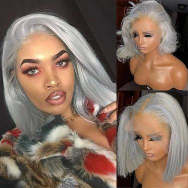 Imagem de Peruca Bob de renda frontal Benafee, cabelo humano cinza, 20 cm, 180% 