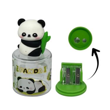 Imagem de Apontador Escolar Panda com Depósito, Duplo Furo para Lápis Finos e Grossos, Decorativo em Formato de Panda com Bambu, Verde e Branco