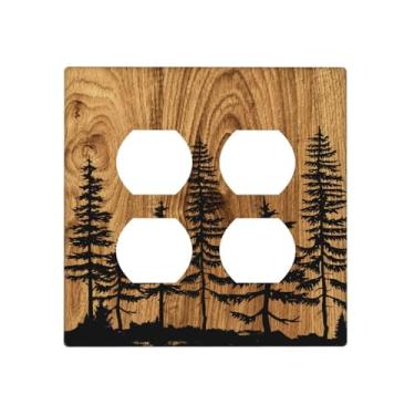 Imagem de biondbong Farmhouse Capa de tomada dupla dupla com estampa de madeira de pinheiro marrom rústico 2 gangs, receptáculo, placa de parede, acessórios de decoração 11,7 x 11,4 cm