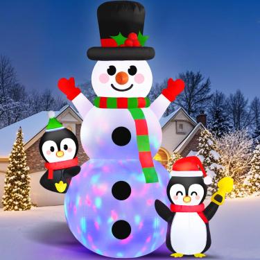 Imagem de Danxilu Boneco de Neve Inflável de Natal de 6 Pés com Pinguins, Luzes Led Coloridas Giratórias Embutidas, Decorações Ao Ar Livre, Boneco de Neve Inflável e Pinguins Fofos para Quintal, Jardim, Gramado