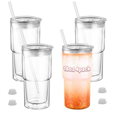 Imagem de Zonegrace Copos de globo de neve de 680 g, copo de globo de neve de acrílico de parede dupla com orifício pré-perfurado, tampas, canudos e plugue, copos de globo de neve de acrílico transparente