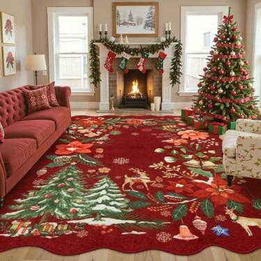 Imagem de Lahome Tapetes florais de Natal para sala de estar, tapete de Natal lavável, 20 x 25 cm sob a cama, tapete vermelho macio, resistente a manchas, tapetes grandes para sala de jantar, escritório