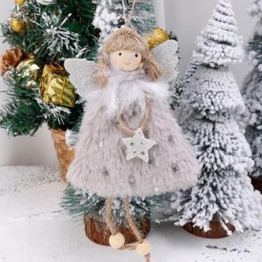 Imagem de 1 enfeite de gota de árvore de Natal pingente de asa de pelúcia curto veludo anjo fada doméstica decoração de prateleira, 16 x 10 x 3 cm (cinza)