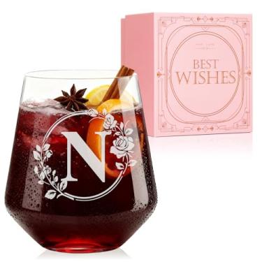Imagem de Taça de vinho personalizada sem haste – Copos iniciais monogramas gravados personalizados, chá de panela, aniversário, casamento ou presente de noivado para mulheres Her-N