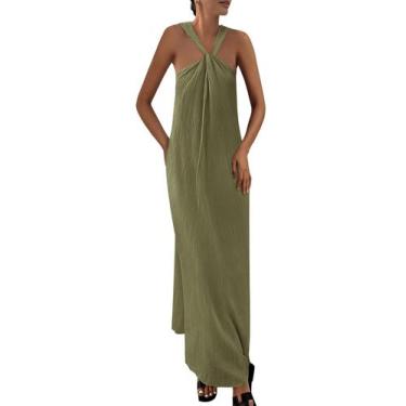 Imagem de Vestido de verão PRETTYGARDEN 2025 casual longo sem mangas verde milit