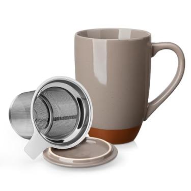 Imagem de MALACASA Caneca de chá de cerâmica com tampa e infusor de aço inoxidável, xícara de chá grande de 510 g para chá de folhas soltas, resistente ao calor, segura para micro-ondas e lava-louças, caneca de