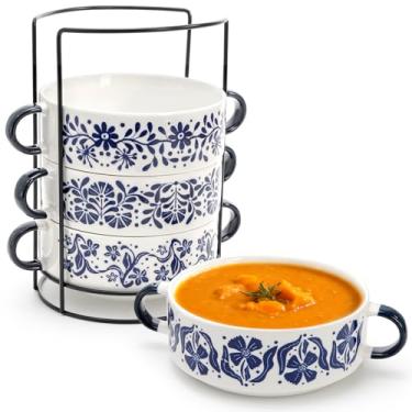 Imagem de SOUJOY Pacote com 5 tigelas de sopa de cerâmica com alças, potes de sopa de cebola francesa de 590 ml com suporte organizador de metal, forno, micro-ondas e lava-louças, conjunto de tigelas