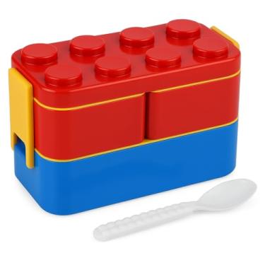 Imagem de Lancheira Infantil Em Formato Bloco de Montar, A Lancheira Super divertida, com Divisórias Ajustáveis, com Talheres Embutidos, 3 em 1, Livre de BPA (Vermelho)