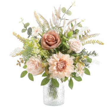 Imagem de Serra Flora Flores artificiais com vaso, rosas de seda artificial em vaso, centros de mesa para sala de jantar, arranjos de flores de seda para casa, sala de estar, banheiro, decoração de plantas