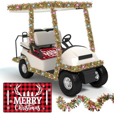 Imagem de gisgfim Capas de assento de carrinho de golfe de Natal 1 peça para assentos de 1 pessoa guirlanda de Natal de 10 metros com luzes LED vermelho e preto xadrez decorações de Natal acessórios de