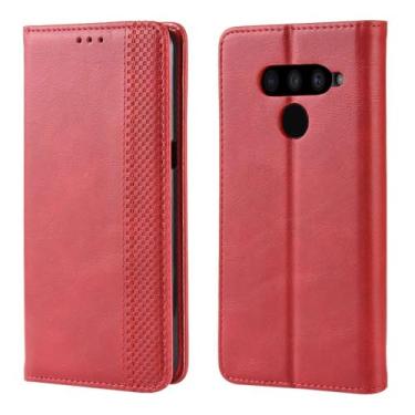 Imagem de Capa para LG V50 THINQ,Retro Flip magnético,Caso de telefone de couro PU,Design de carteira com 3 slots de cartão e 1 clipe de dinheiro -Red