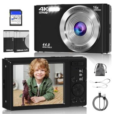 Imagem de Câmera digital, câmera digital FHD 4K 44MP, zoom digital 16X, câmera digital de apontar e fotografar com luzes de preenchimento de 3 LEDs, cartão SD de 64 GB, câmera compacta para crianças