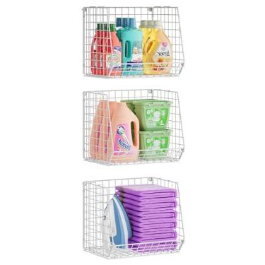 Imagem de Sonyabecca Pacote com 3 organizadores de lavanderia embaixo da prateleira: cesta de arame dobrável montada na parede economiza espaço sobre as prateleiras da lavadora e secadora - Organização e