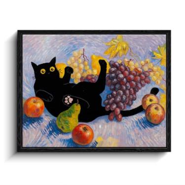 Imagem de Arte de parede emoldurada engraçada de gato preto, arte de gato estilo Van Gogh natureza morta com uvas e maçãs, arte eclética para casa, pôsteres para quarto, sala de estar, banheiro, decoração de