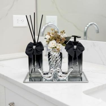 Imagem de Kit Lavabo Luxo Preto Espelhado com Aromatizador, Saboneteira, Vaso com Flor e Passarinhos Decorativos – Decoração Elegante para Banheiro e Lavabo