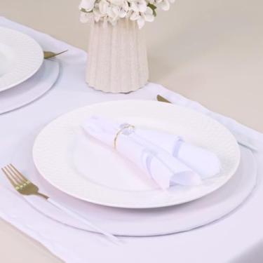 Imagem de Kit Mesa Posta, 7 Peças para 2 Lugares, Caminho de Mesa, Sousplat MDF com Capa, Guardanapo Tecido, Anel Cristalino (Branco e Dourado)