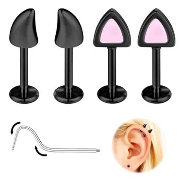 Imagem de ZS Brincos de hélice de demônio e gato - 16G 6 mm/8 mm brinco de cartilagem de aço inoxidável - 2 pares de orelha, tragus, hélice, concha, joias de piercing industrial com discos de silicone, Aço
