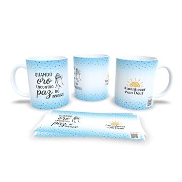 Imagem de Caneca Religiosa com Frase Inspiradora em Português, Cerâmica, 325ml, Design Polka Dot Azul, Decorativa com Mensagem 'A Paz que Deus Dá' e 'Amanhecer com Deus' (20844)