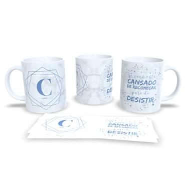 Imagem de Caneca de Cerâmica Personalizada com Monograma e Frase Motivacional, Mármore Branco e Azul, 325ml, Design Geométrico (c)