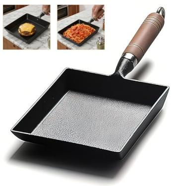 Imagem de OUKENS Frigideira japonesa Tamagoyaki de ferro fundido antiaderente, multifuncional quadrada japonesa, cabo de madeira destacável, seguro para forno, para omeletes, bifes e acampamento, 15 x 19 cm