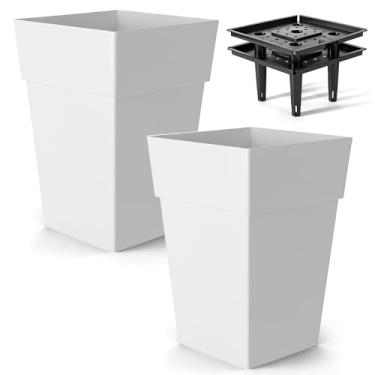 Imagem de Vanavazon Conjunto de 2 vasos altos afunilados para plantas internas ao ar livre 45,7 cm A x 30,5 cm de diâmetro vasos de plantas de plástico quadrado para varanda frontal deck com drenagem, com roda