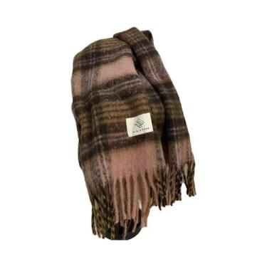 Imagem de Cachecol Unissex De Mohair Grosso Com Estampa Xadrez Cor Café Retrô Pa