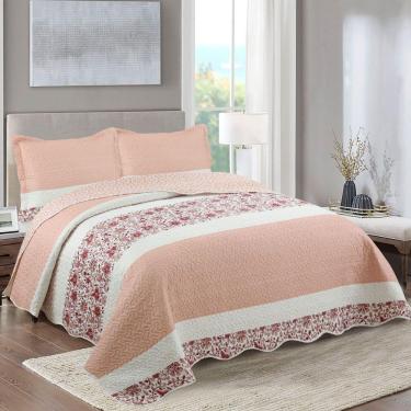 Imagem de Kit Cobre Leito Colcha Mix King Estampado Dupla Face Floral 3 Peças - Talita - Salmão