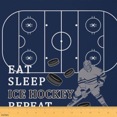 Imagem de Tecido de Hóquei no Gelo Bola de Disco Jogador de Hóquei DIY Costura Artesanato Tecido Hobby por Yard Winter Extreme Sports Azul Marinho Decorativo para Estofados e Detalhes em Casa, 1 jarda, 91,4 cm