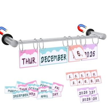 Imagem de Calendário flip para sala de aula, haste magnética para quadro branco, conjunto de suporte de calendário ajustável inclui 55 cartões de data para decoração de sala de aula (colorido 01)