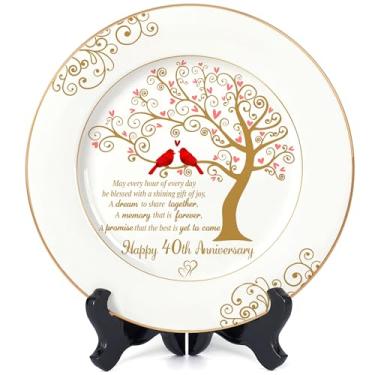 Imagem de Bozspacer Prato de aniversário de 40 anos de casamento – Presente de casamento de aniversário de rubi para casal, pais ou esposa e marido, elegante prato decorativo lembrança com design de árvore do