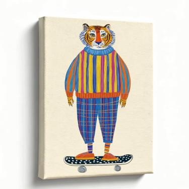 Imagem de Tela de arte de skate de tigre elegante - 20 x 25 cm, arte animal colorida e divertida para decoração de quarto, quarto e sala de estar - skate de tigre moderno em tela