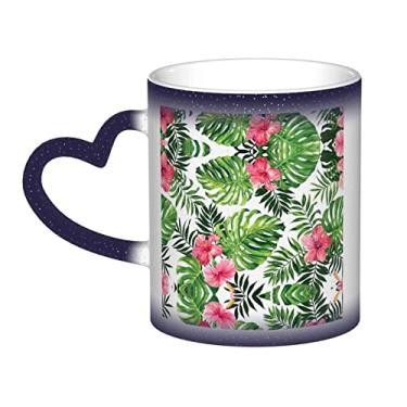 Imagem de Copo de café divertido com folhas tropicais, copo de cerâmica com mudança de cor sensível ao calor 12 Oz, para café/chá/leite/cacau, para adolescente/aniversário/festival/presentes