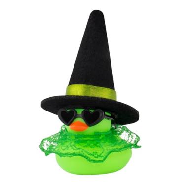 Imagem de wonuu Painel de carro bruxa patos de borracha coloridos para Halloween, decorações de pato para decoração de mesa de escritório, acessórios com chapéu de óculos, saia de renda verde