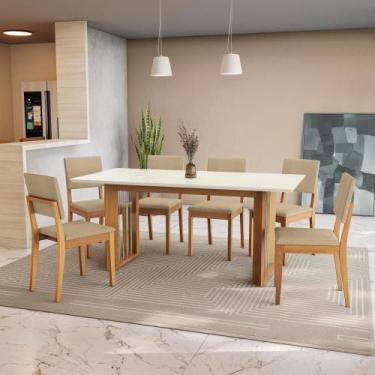 Imagem de Conjunto Sala de Jantar Dora em Madeira Maciça 6 Cadeiras Boucle Bege 
