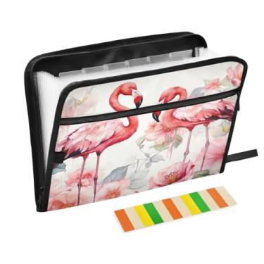 Imagem de Wassud Flamingos em flor, 13 bolsos, organizador de arquivos sanfonados, pastas expansíveis com abas e adesivos, organizador de pastas de documentos de recibo de papel tamanho carta A4 para viagens de