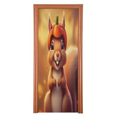 Imagem de Qilmy Decoração de capa de porta 81 x 200 cm tecido grande placa de decoração de festa de Halloween para porta da frente Halloween bonito esquilo varanda decoração ao ar livre parede de janela 152