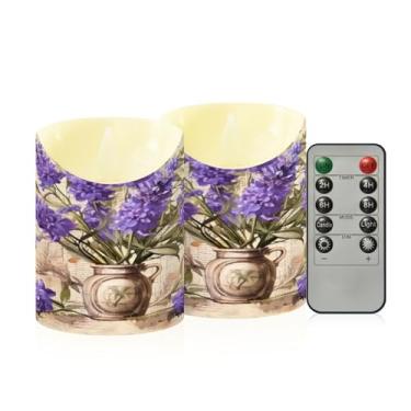 Imagem de Wassud Pacote com 2 velas sem chama de ramo de flores de lavanda com controle remoto, velas realistas cintilantes com temporizador, velas decorativas para Natal, casamento, festa, decoração de casa