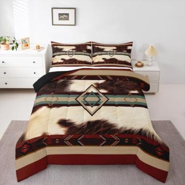 Imagem de Conjunto de cama macio com estampa de pele de vaca para meninos e meninas, conjunto de edredom de pele de animal de fazenda ocidental, tamanho casal, edredom de microfibra, caubói, bege, marrom