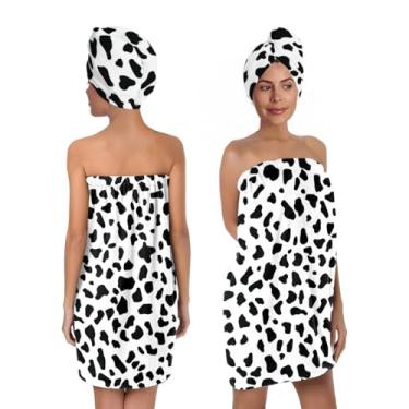 Imagem de BaBakiak Conjunto de envoltório de banho com estampa de vaca com turbante de cabelo, envoltório de toalha de spa padrão preto e branco, roupão de toalha para mulheres