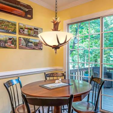 Imagem de Lustre retrô E27 com soquete em resina e formato de chifre, ideal para decoração de restaurantes. Luminária pendente com cúpula de vidro fosco, estilo rústico campestre, adequada para sala d