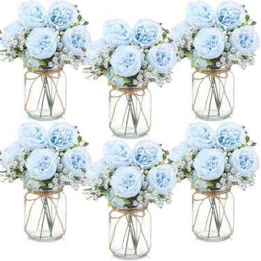 Imagem de Zeyune 6 conjuntos de decorações de mesa de centro de pedreiro, buquês de flores artificiais de peônia para bebê, flores falsas com vaso, presentes de decoração rústica para casa, casamento, feriado