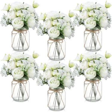 Imagem de Zeyune 6 conjuntos de decorações de mesa de centro de mesa de pote de pedreiro, buquês de flores artificiais de peônia para bebê, flores falsas com vaso, presentes de decoração rústica para casa