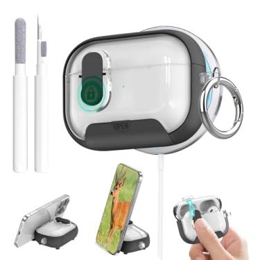Imagem de Aircawin Capa transparente para Airpods Pro 3, trava segura para Airpods Pro 3ª geração, com suporte para telefone e função Magsafe, pop-up automático, design de proteção híbrida com mosquetão e