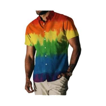 Imagem de Camisa Casual Vintage Havaiana Masculina Com Estampa Floral Arco-Íris 