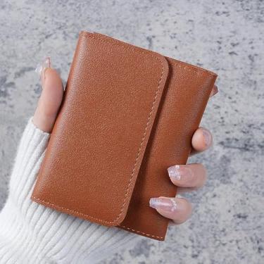 Imagem de Carteira feminina curta minimalista - porta-cartões multifuncional com compartimento para moedas - Carteira ultrafina brilhante tripla, Marrom, Minimalista