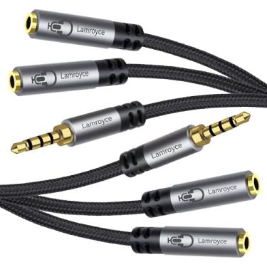 Imagem de Divisor de fone de ouvido com suporte para microfone, cabo divisor Y de microfone de áudio TRRS macho de 4 polos TRRS de 1/20.3 cm, 3,5 mm, adaptador Y para fones de ouvido de jogos, bate-papo on-line