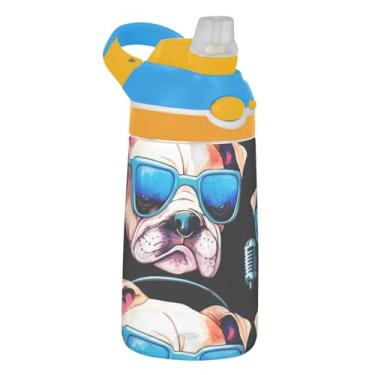 Imagem de Garrafa de água infantil engraçada legal buldogue preta 473 ml garrafa de água de plástico reutilizável com tampa de canudo 473 ml Copos de viagem portáteis Tritan para crianças à prova de vazamento